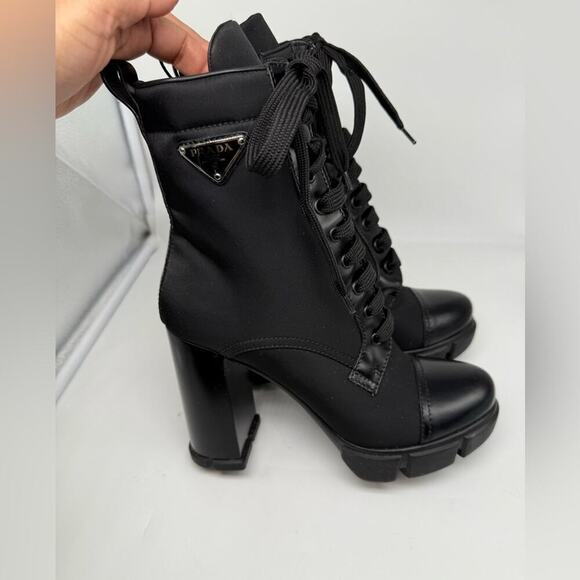 Prada Black Leather/ Re-Nylon Metal Triangle Logo 110mm Ankle Boots EU 38.5 - Picture 5 of 15